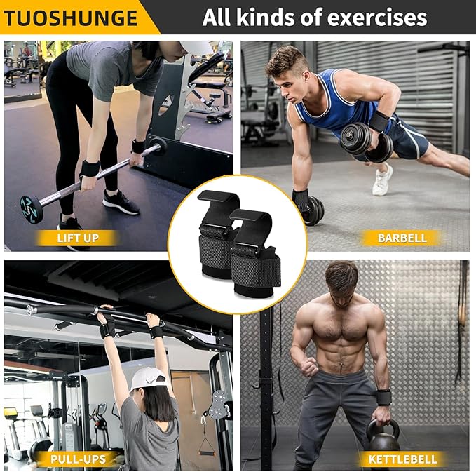 Fitness Weight Lifting Hooks (Pair) for Deadlifts, Pull Ups, Rows & Shrugs - Anti-Rip Nylon Strap Hand Grips with Thick Wrist Padding - Heavy Duty Wrist Straps for Weightlifting & Gym Workouts